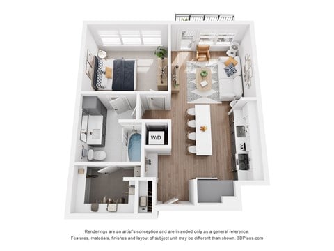 Floor plan for 1 bed, 1 bath, 672 sqft