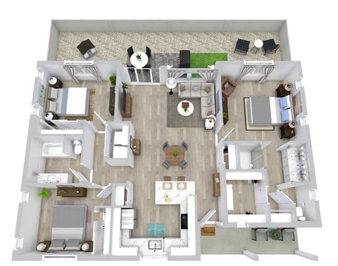 Floor plan for 3 beds, 2 baths, 1265 sqft