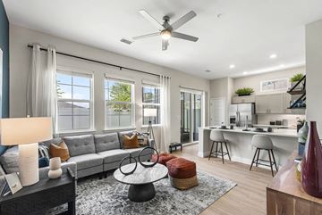 Sun City Center apartment for rent - A modern living room with a grey sofa and a ceiling fan.
