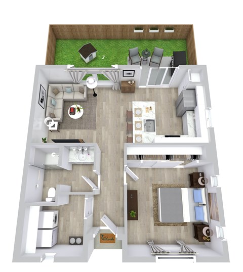 Floor plan for 1 bed, 1 bath, 690 sqft