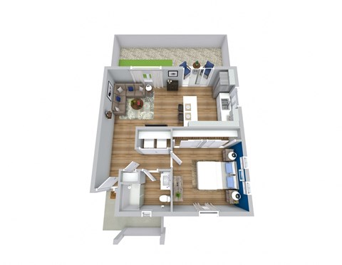 Floor plan for 1 bed, 1 bath, 637 sqft