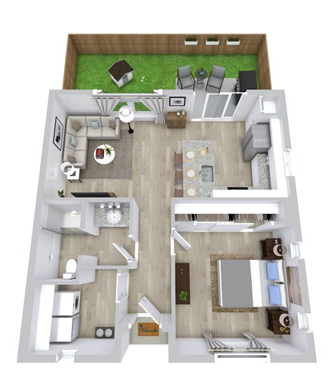 Floor plan for 1 bed, 1 bath, 690 sqft