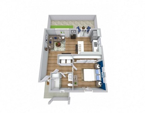 Floor plan for 1 bed, 1 bath, 637 sqft