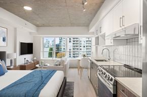 Victoria apartment for rent - A modern living space with a large bed, a sofa, a flatscreen television, and a kitchen area.