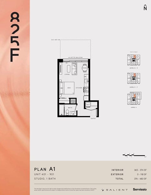 Floor plan for studio, 1 bath, 374 sqft
