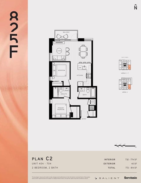 Floor plan for 2 beds, 2 baths, 630 sqft
