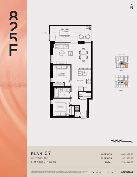Floor plan for 2 beds, 1 bath, 744 sqft