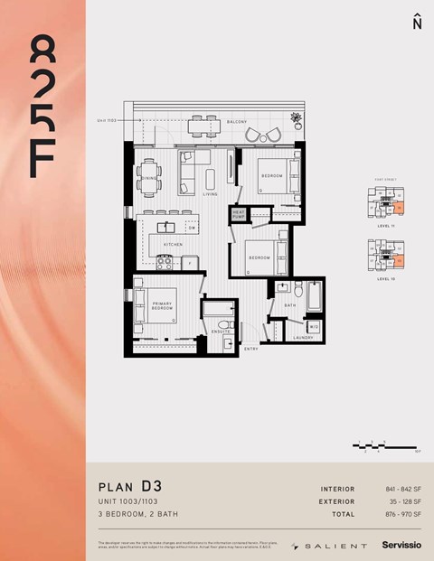 Floor plan for 3 beds, 2 baths, 994 sqft