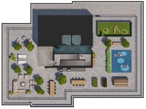 Victoria apartment for rent - A top-down view of a rooftop area with fire pit, lounge, grills, dining table, sauna, yoga platform, and dog park.