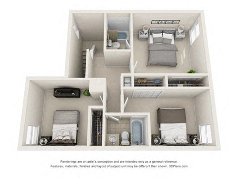 Floor plan for 3 beds, 2.5 baths, 1477 sqft