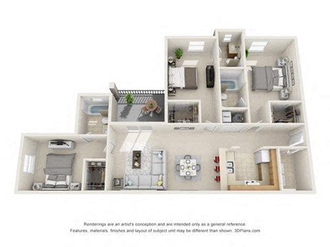 Floor plan for 3 beds, 3 baths, 1401 sqft