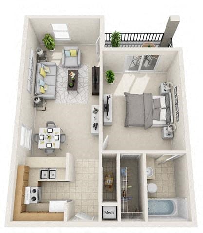 Floor plan for 1 bed, 1 bath, 748 sqft