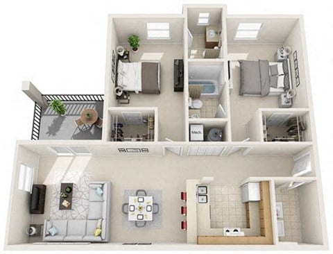 Floor plan for 2 beds, 2 baths, 998 sqft