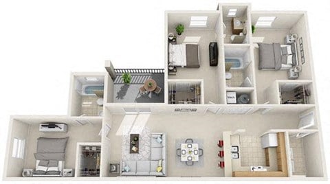 Floor plan for 3 beds, 3 baths, 1265 sqft