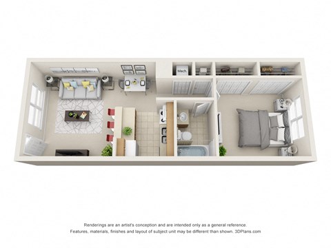 Floor plan for 1 bed, 1 bath, 625 sqft