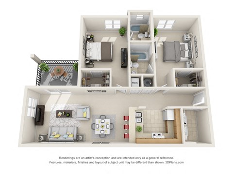 Floor plan for 2 beds, 2 baths, 1061 sqft