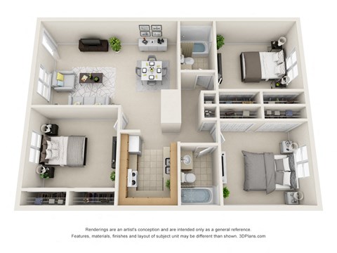 Floor plan for 3 beds, 2 baths, 1250 sqft