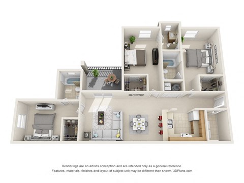Floor plan for 3 beds, 3 baths, 1357 sqft