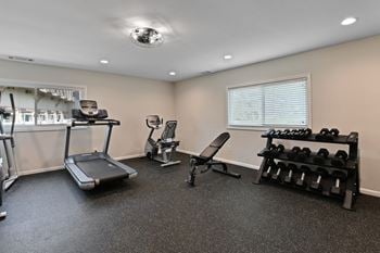 Fitness center with treadmill and weight rack