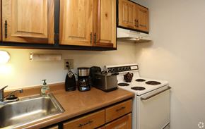 Cincinnati apartment for rent - a kitchen with a stove and sink and wooden cabinets