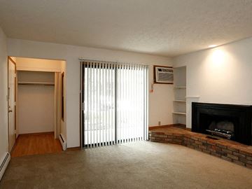 Cincinnati apartment for rent - a living room with a fireplace and a sliding glass door