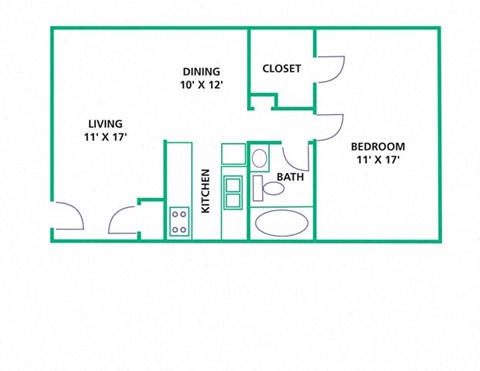 Floor plan for 1 bed, 1 bath, 750 sqft