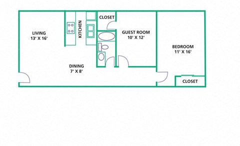 Floor plan for 2 beds, 1 bath, 850 sqft