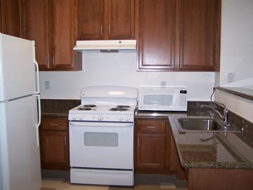 Santa Clara apartment for rent - A white stove and oven in a kitchen with brown cabinets.