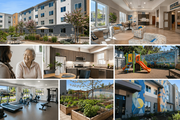 San Jose apartment for rent - A collage of images showcasing a modern apartment complex with amenities such as a gym, fitness center, and outdoor spaces.