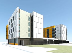 San Jose apartment for rent - A modern building with a combination of white, black, and orange panels.