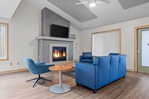 Mahtomedi apartment for rent - a living room with two blue couches and a fireplace