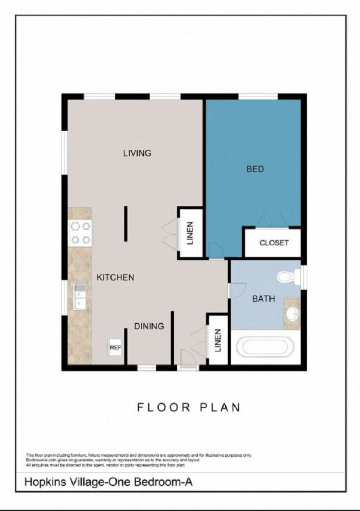Floor plan for 1 bed, 1 bath, 578 sqft