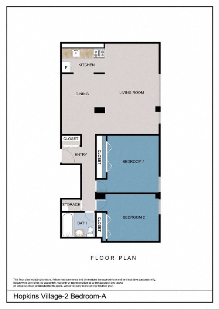 Floor plan for 2 beds, 1 bath, 842 sqft