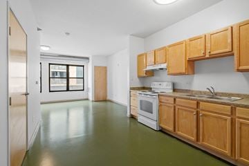 Minneapolis apartment for rent - a kitchen with wood cabinets and white appliances and a window