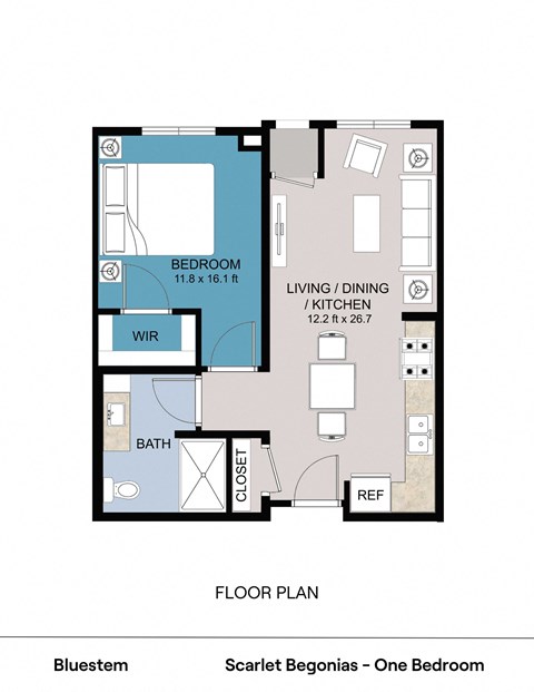 Floor plan for 1 bed, 1 bath, 655 sqft