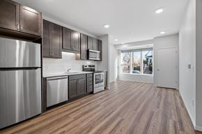 Minneapolis apartment for rent - a kitchen with stainless steel appliances and wooden floors