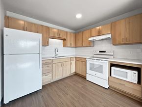 St. Paul apartment for rent - an empty kitchen with white appliances and wooden cabinets
