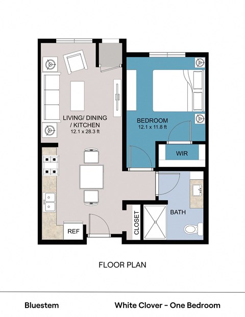 Floor plan for 1 bed, 1 bath, 674 sqft