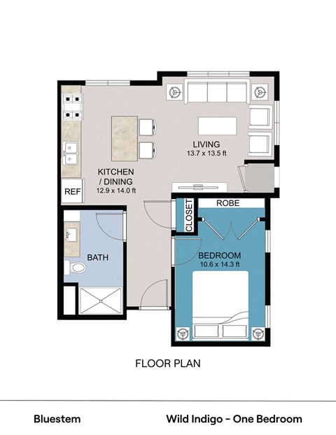 Floor plan for 1 bed, 1 bath, 711 sqft