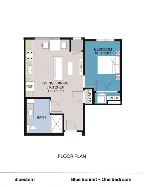 Floor plan for 1 bed, 1 bath, 657 sqft