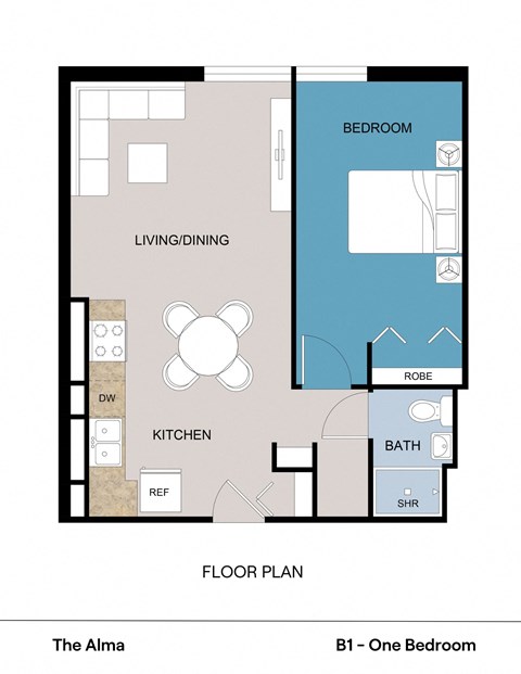 Floor plan for 1 bed, 1 bath, 535 sqft