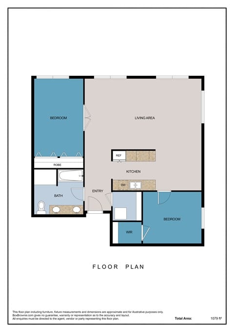 Floor plan for 2 beds, 1 bath, 1099 sqft