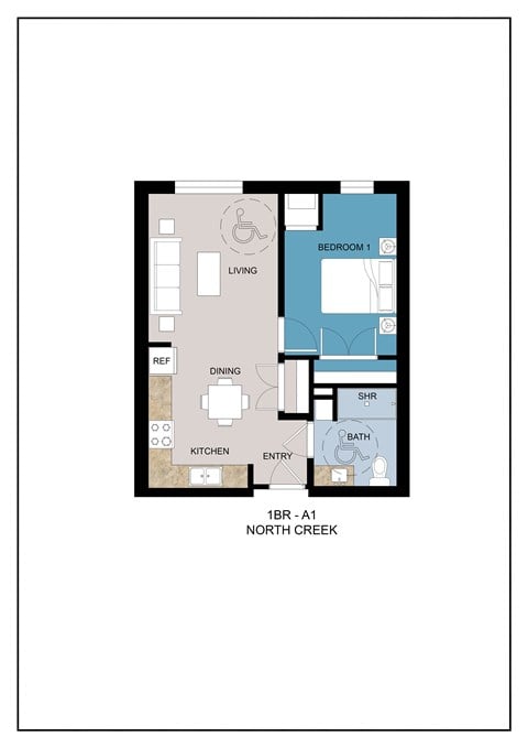 Floor plan for 1 bed, 1 bath, 578 sqft