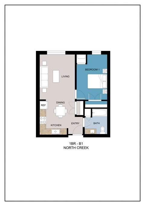 Floor plan for 1 bed, 1 bath, 578 sqft