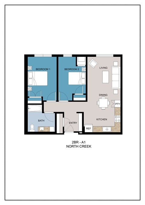 Floor plan for 2 beds, 1 bath, 842 sqft