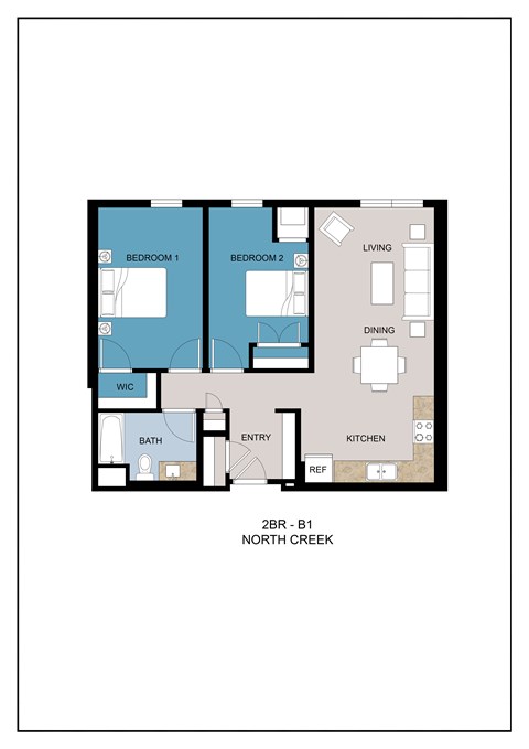 Floor plan for 2 beds, 1 bath, 844 sqft
