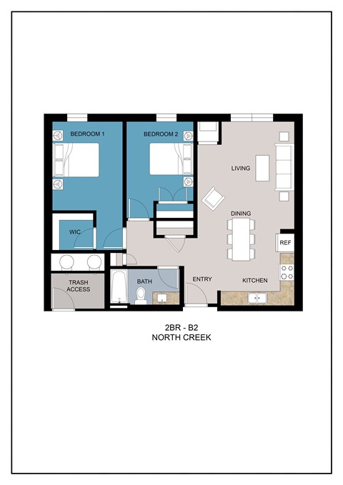 Floor plan for 2 beds, 1 bath, 853 sqft