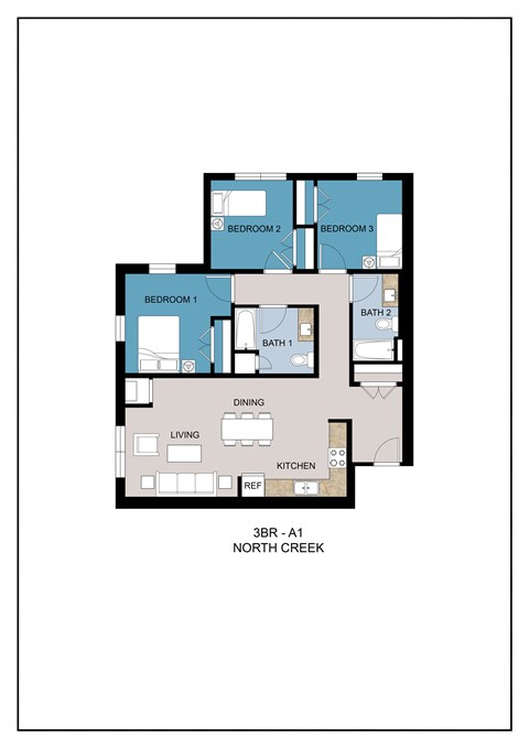 Floor plan for 3 beds, 2 baths, 1063 sqft