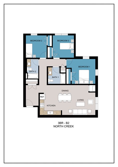 Floor plan for 3 beds, 2 baths, 1069 sqft