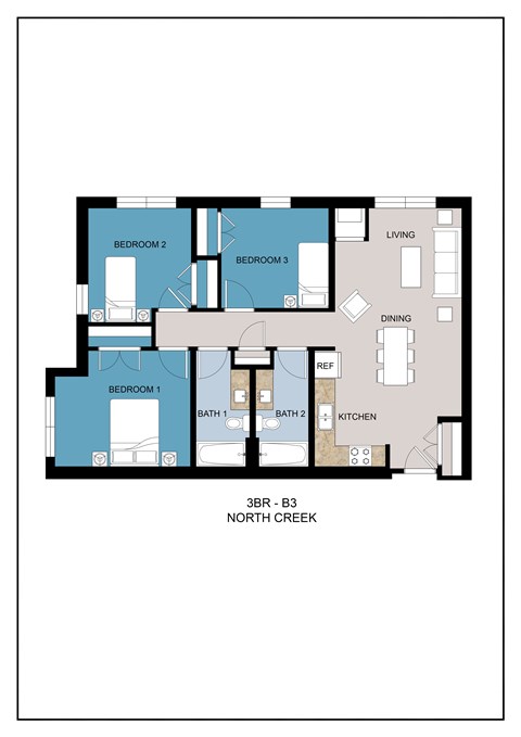 Floor plan for 3 beds, 2 baths, 974 sqft